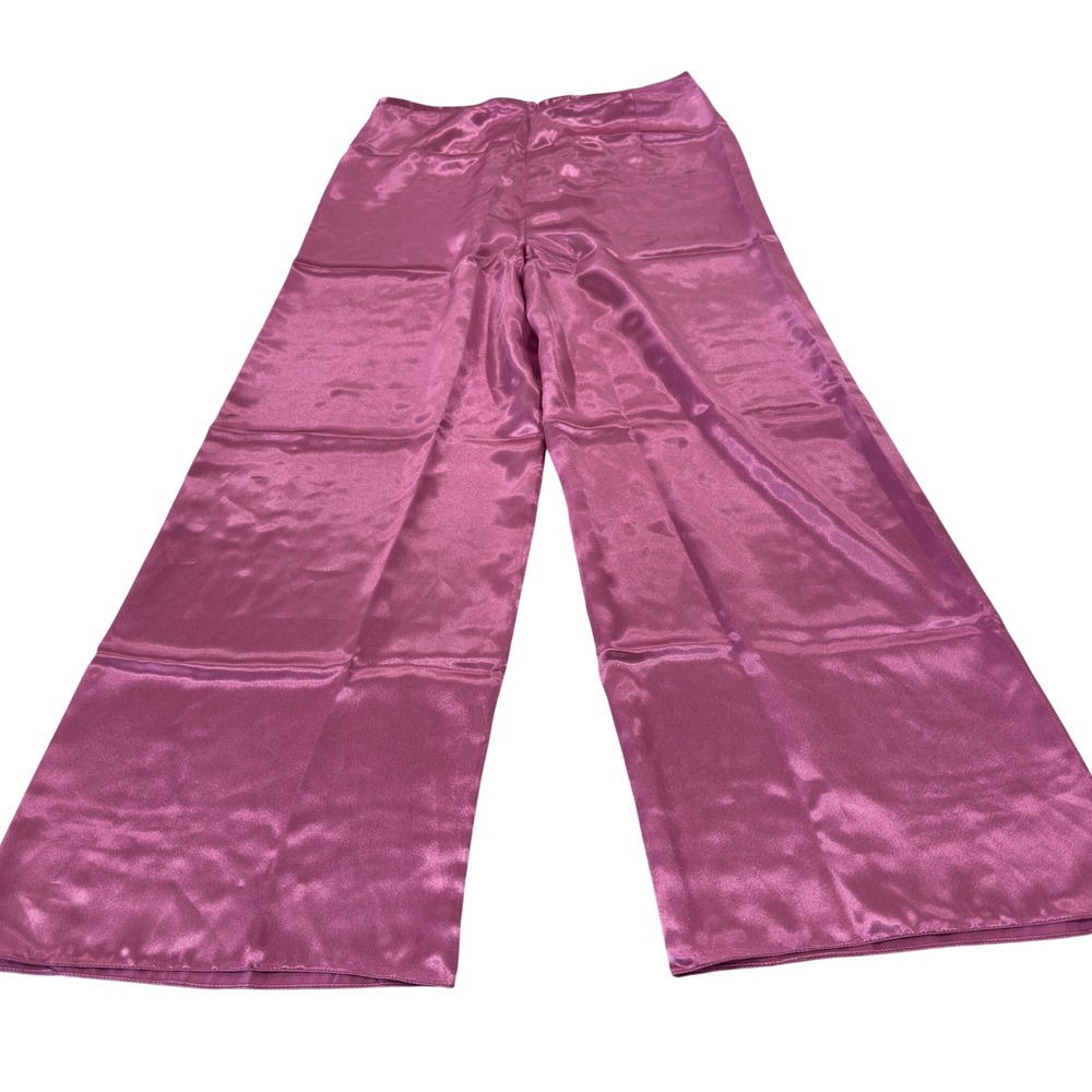 Wide Leg Palazzo Pants Vintage Magenta Pink Silk Satin High Waist Side Zip‎ S
